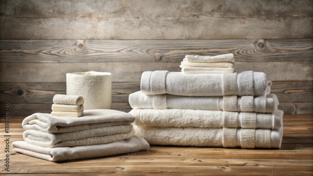 A neatly stacked pile of fluffy white towels on a rustic wooden surface, representing comfort, cleanliness, and a spa-like atmosphere. A neatly stacked pile of fluffy white towels on a rustic wooden surface, representing comfort, cleanliness, and a spa-like atmosphere.