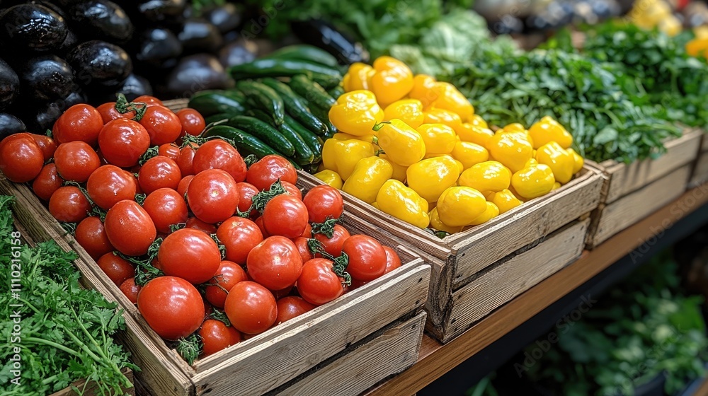 Fresh organic vegetables display in wooden crates, featuring vibrant tomatoes, yellow peppers, and assorted greens, in a market setting, healthy lifestyle, vegetarian cuisine, food photography. Fresh organic vegetables display in wooden crates, featuring vibrant tomatoes, yellow peppers, and assorted greens, in a market setting, healthy lifestyle, vegetarian cuisine, food photography.
