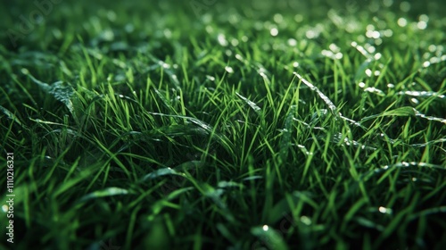 A close-up of vibrant green grass covered in morning dew, glistening under soft sunlight, evoking a sense of freshness and nature's beauty. AI generated.