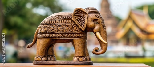 Wooden elephant souvenir showcasing intricate craftsmanship with historic temples in the background highlighting cultural artistry and heritage. photo