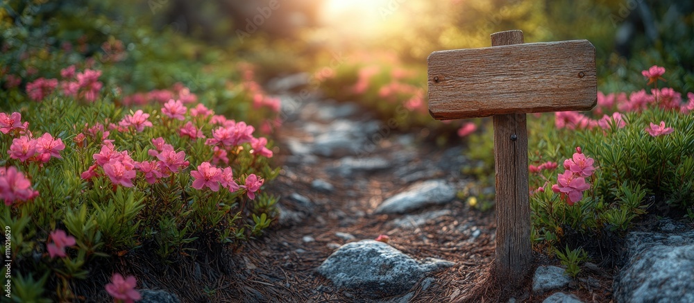 Fototapeta premium Wooden sign directing hikers to a chapel along a vibrant spring trail surrounded by blooming shrubs and warm sunlight.
