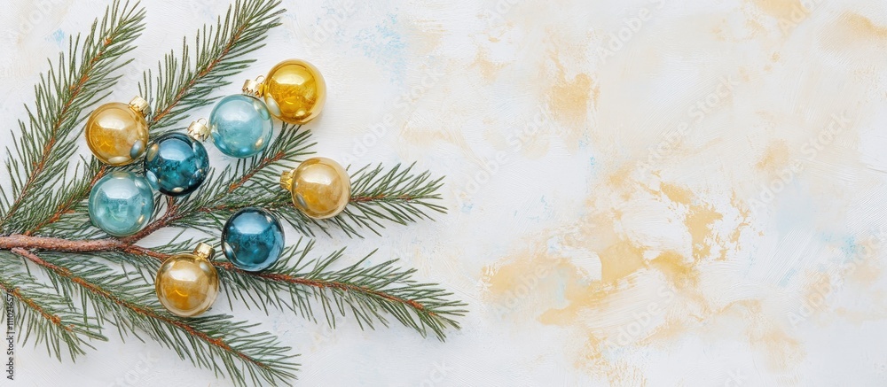 Christmas tree branch with gold and blue glass ornaments on a soft pastel background ideal for festive decoration and holiday themes Christmas tree branch with gold and blue glass ornaments on a soft pastel background ideal for festive decoration and holiday themes