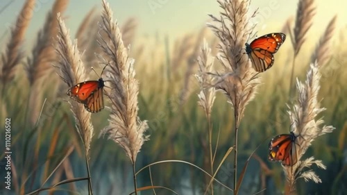 Animation of Butterflies Over Reed Grass. Butterflies dancing gently over reed grass fields, adding vibrant color to the peaceful wildlife setting. Smooth motion. photo