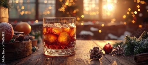 Rustic glass of mulled wine on a wooden table surrounded by holiday decor and warm glowing lights in a cozy setting photo