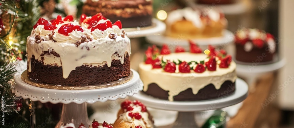 Festively Decorated Christmas Cakes Displayed on a Table Surrounded by Holiday Cheer and Decorations Festively Decorated Christmas Cakes Displayed on a Table Surrounded by Holiday Cheer and Decorations