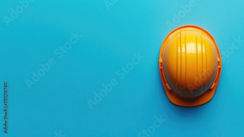 Yellow construction safety helmet on vibrant blue background symbolizing workplace safety and protection in construction industry. photo