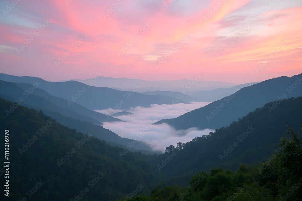 Obraz premium Dramatic Mountain Valley Sunset with Cloud Sea