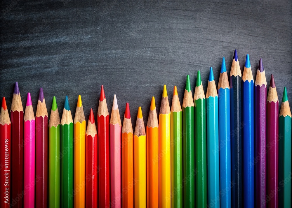 A Vibrant Display of Colorful Pencils Aligned on a Black Chalkboard Background for Creative Learning and Artistic Inspiration in Classroom Settings A Vibrant Display of Colorful Pencils Aligned on a Black Chalkboard Background for Creative Learning and Artistic Inspiration in Classroom Settings