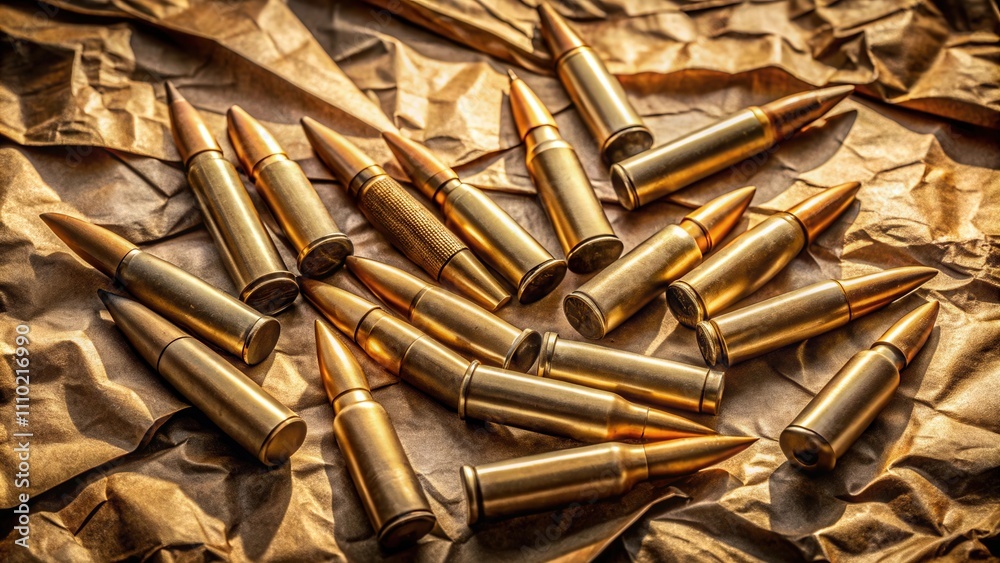 A cluster of brass-colored bullets scattered on a crumpled brown paper surface, reflecting the soft glow of sunlight A cluster of brass-colored bullets scattered on a crumpled brown paper surface, reflecting the soft glow of sunlight