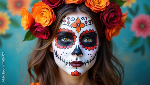 Face Paint Art for Dia de los Muertos with Floral and Cultural Accents.