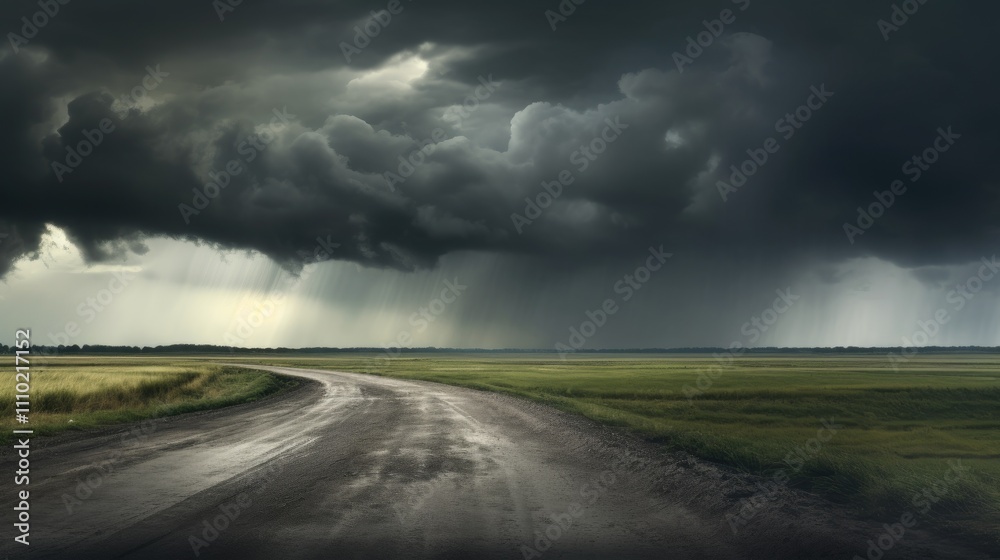 Dramatic landscape of a winding road through a field under dark storm clouds with rain in the distance creating a moody atmosphere Dramatic landscape of a winding road through a field under dark storm clouds with rain in the distance creating a moody atmosphere