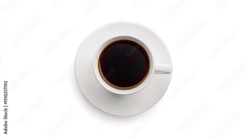 Black coffee in a white cup on a saucer top view minimal style Black coffee in a white cup on a saucer top view minimal style