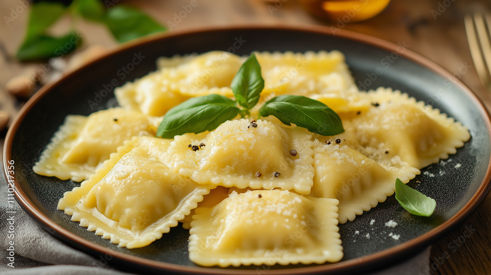 Cheese ravioli on a plate with a creamy sauce, elegant presentation Cheese ravioli on a plate with a creamy sauce, elegant presentation