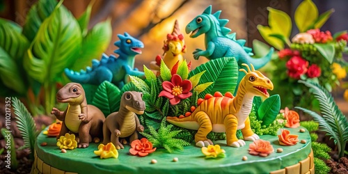 Wallpaper Mural A Whimsical Dinosaur-Themed Cake Surrounded by Vibrant Jungle Elements and Playful Dinosaurs, Perfect for a Children's Birthday Celebration or a Unique Dessert Table Setting Torontodigital.ca