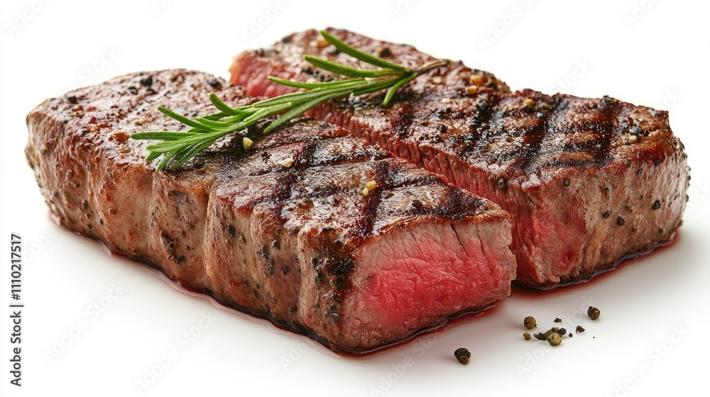 Grilled steak with herbs showcasing juicy texture and grill marks on a white background perfect for food marketing and culinary themes Grilled steak with herbs showcasing juicy texture and grill marks on a white background perfect for food marketing and culinary themes