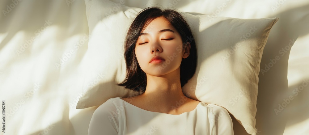 Serene young Asian woman resting peacefully on a cushion bathed in soft natural light for relaxation and mindfulness themes Serene young Asian woman resting peacefully on a cushion bathed in soft natural light for relaxation and mindfulness themes