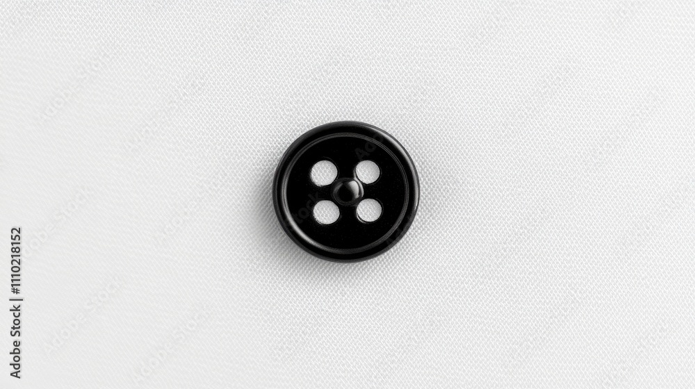 Black button with four holes on a clean white fabric background showcasing sewing and crafting themes in a minimalist design. Black button with four holes on a clean white fabric background showcasing sewing and crafting themes in a minimalist design.