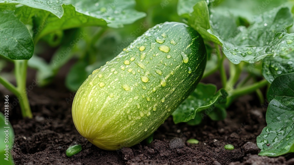 Fresh cucumber with droplets on a textured surface surrounded by lush green leaves in an organic garden setting. Fresh cucumber with droplets on a textured surface surrounded by lush green leaves in an organic garden setting.