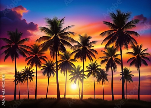 Black Palm Trees Silhouettes Against a Colorful Sunset Background, Perfect for Tropical-Themed Designs, Travel Promotions, and Nature-Inspired Artwork