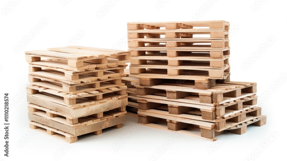 Wooden pallets stacked in various heights isolated on white background for industrial and logistical applications Wooden pallets stacked in various heights isolated on white background for industrial and logistical applications