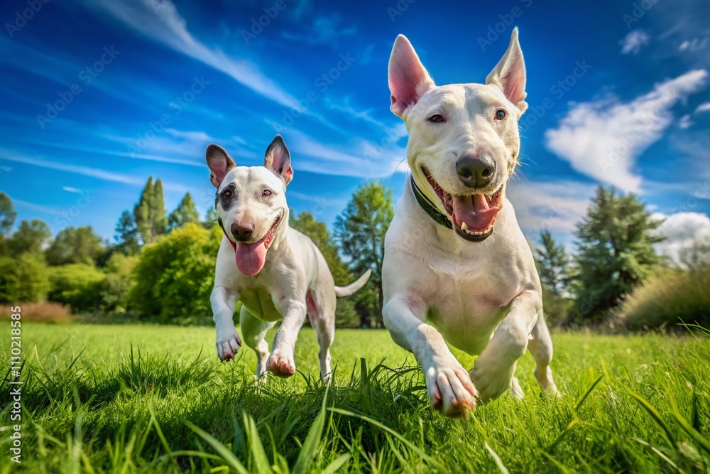 Blue and White Bull Terrier Playtime in the Park: Joyful Moments of a Playful White Dog on Green Grass, Capturing the Spirit of Canine Friendship and Fun Outdoors Blue and White Bull Terrier Playtime in the Park: Joyful Moments of a Playful White Dog on Green Grass, Capturing the Spirit of Canine Friendship and Fun Outdoors