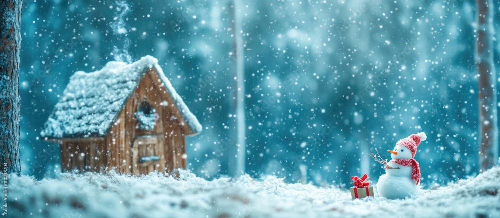 Snowman with gift near wooden cabin in snowy fir forest creating a festive winter scene during falling snowflakes Snowman with gift near wooden cabin in snowy fir forest creating a festive winter scene during falling snowflakes