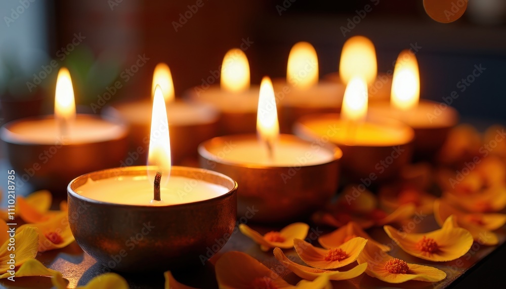 Candle Display with Marigold Petals for a Traditional Dia de los Muertos. Candle Display with Marigold Petals for a Traditional Dia de los Muertos.