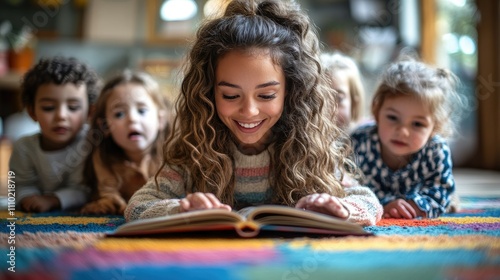 Children joyfully reading together on a colorful rug, fostering a love for books.