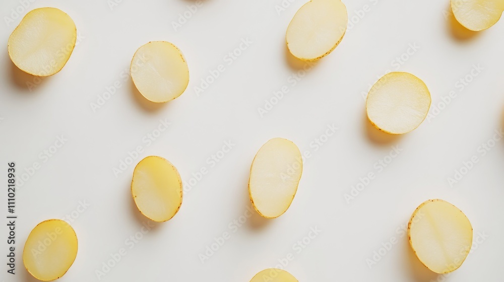 Sliced raw potatoes arranged aesthetically on a clean white background ready for culinary use in recipes or food presentations. Sliced raw potatoes arranged aesthetically on a clean white background ready for culinary use in recipes or food presentations.