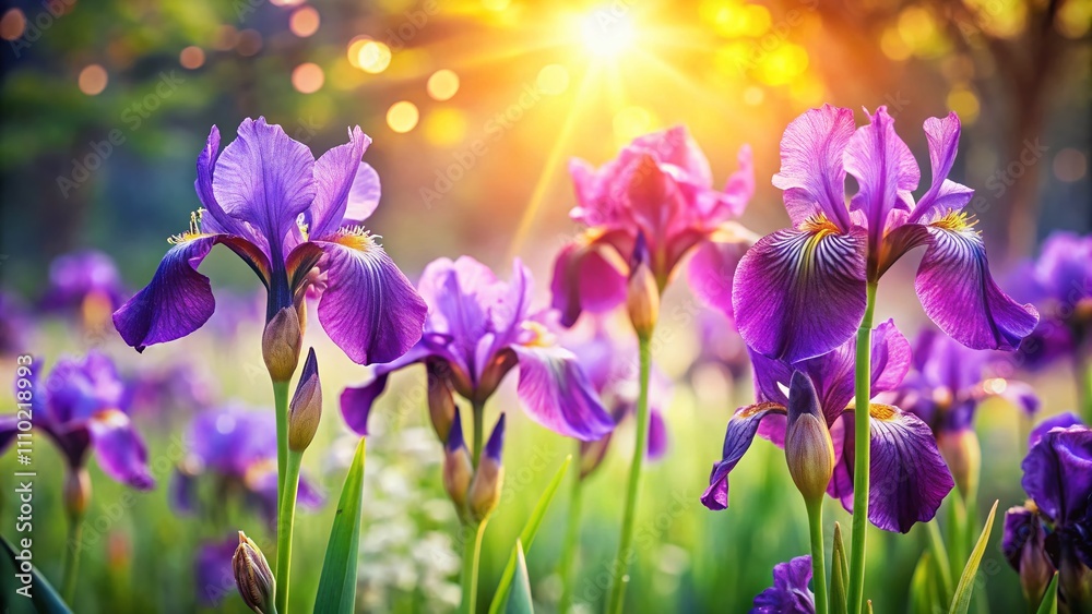 Bokeh Effect of Vibrant Purple Bearded Irises in a Summer Garden Setting, Showcasing Ornamental Plants Against a Softly Blurred Natural Background Bokeh Effect of Vibrant Purple Bearded Irises in a Summer Garden Setting, Showcasing Ornamental Plants Against a Softly Blurred Natural Background