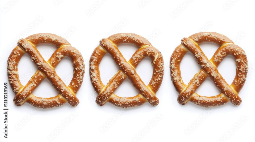 Delicious traditional pretzels arranged in a straight line on a clean white background, emphasizing their golden-brown color and coarse salt topping, food, snack, bakery. Delicious traditional pretzels arranged in a straight line on a clean white background, emphasizing their golden-brown color and coarse salt topping, food, snack, bakery.
