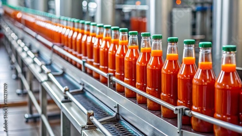 Bottles of Hot Sauce on a Conveyor Belt in an Industrial Food Manufacturing Setting Highlighting the Process of Production in a Minimalist Style