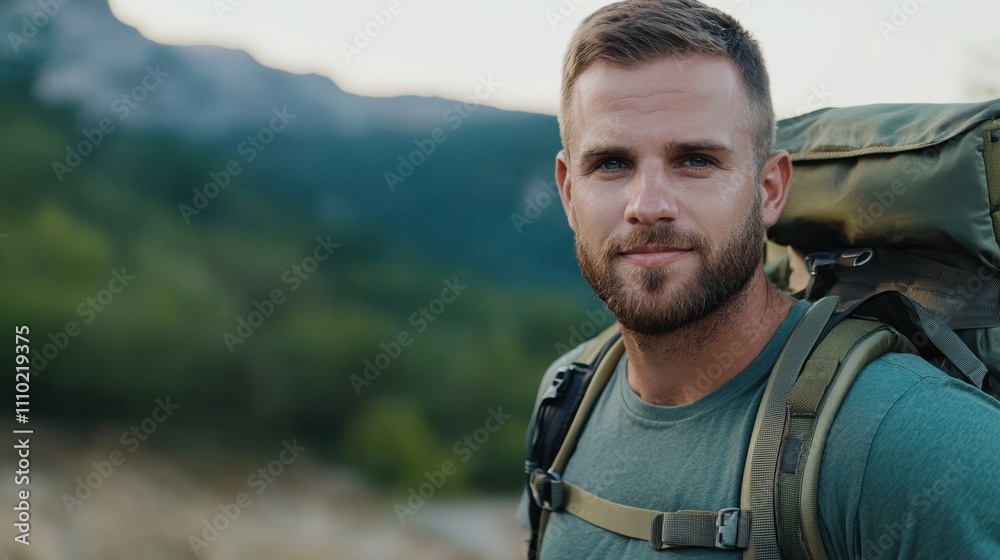A man with a backpack is smiling and looking at the camera A man with a backpack is smiling and looking at the camera