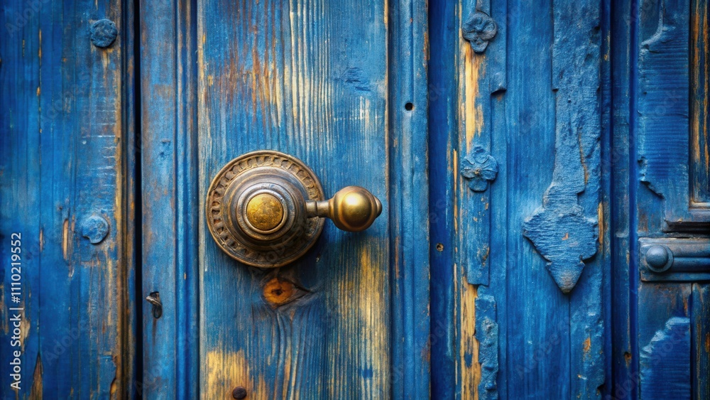 A weathered blue wooden door with an ornate brass knob, showcasing the passage of time and the beauty of age. A weathered blue wooden door with an ornate brass knob, showcasing the passage of time and the beauty of age.