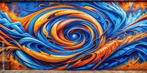 A swirling vortex of blue and orange paint, a vibrant mural that captures the essence of abstract art