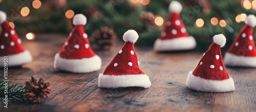 Christmas Hats Arranged on Rustic Wooden Surface with Festive Lights and Greenery in Background photo