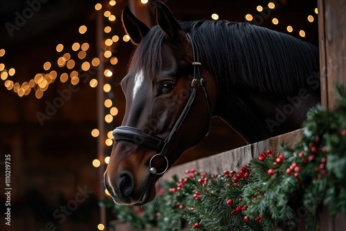 A horse is standing in a barn with a Christmas tree and berries around it photo