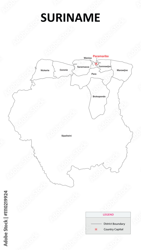 Suriname Map. State and district map of Suriname. Administrative map of Suriname with states and boundaries in white color. Suriname Map. State and district map of Suriname. Administrative map of Suriname with states and boundaries in white color.