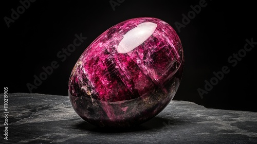 Polished rubellite gemstone resting on slate against a black background showcasing its vibrant colors and smooth surface shine. photo