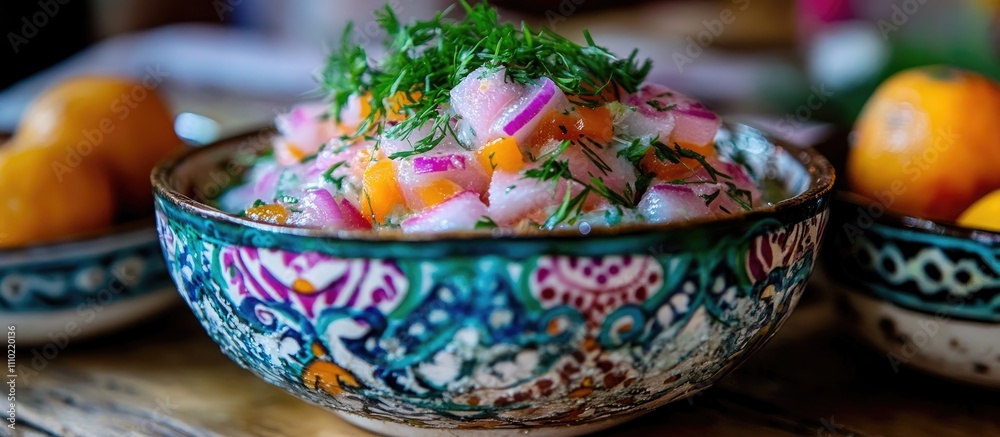 Vibrant traditional Russian salad garnished with fresh herbs served in an ornate ceramic bowl on a rustic wooden table