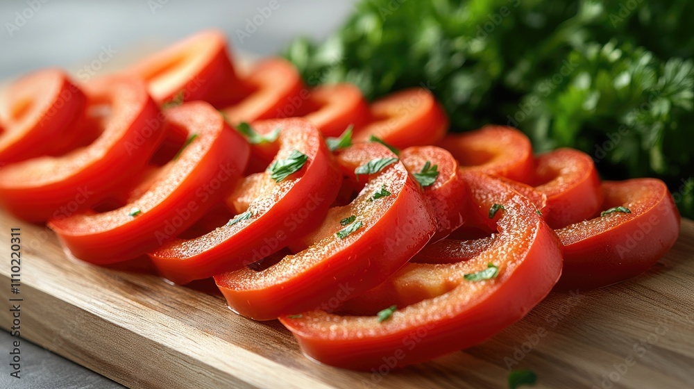 Sliced red bell peppers arranged on a wooden cutting board with fresh herbs in the background against a neutral backdrop Sliced red bell peppers arranged on a wooden cutting board with fresh herbs in the background against a neutral backdrop