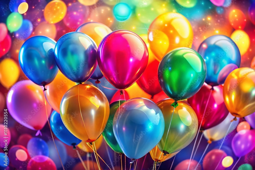 Brightly Colored Party Balloons on a Vibrant Bokeh Background, Captured with Long Exposure Technique for a Festive and Joyful Atmosphere Brightly Colored Party Balloons on a Vibrant Bokeh Background, Captured with Long Exposure Technique for a Festive and Joyful Atmosphere