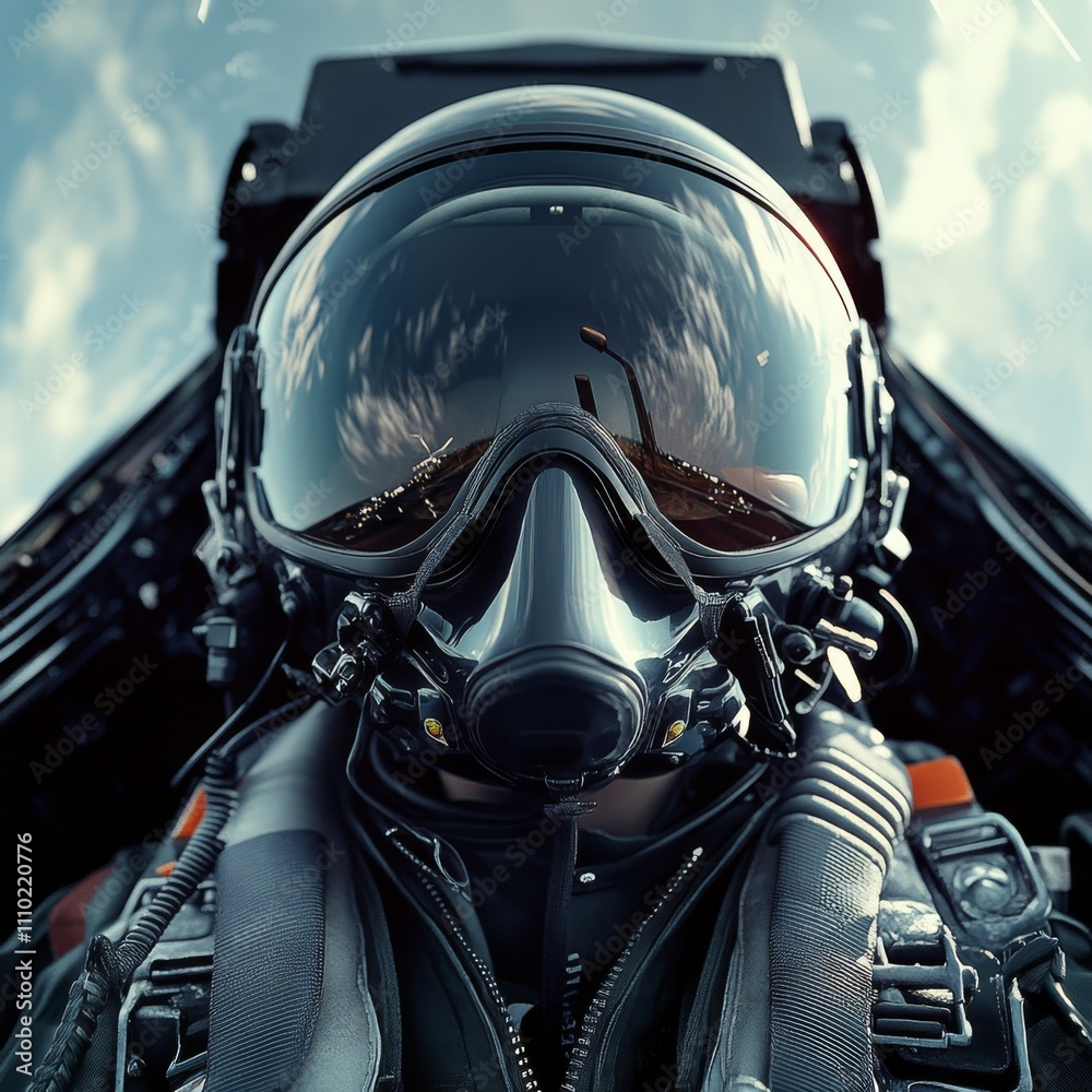 Fighter pilot prepares for flight in military jet surrounded by blue skies Fighter pilot prepares for flight in military jet surrounded by blue skies