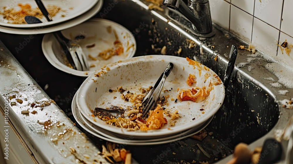 A close-up of a dirty ceramic sink with food scraps stuck on plates and utensils scattered around A close-up of a dirty ceramic sink with food scraps stuck on plates and utensils scattered around
