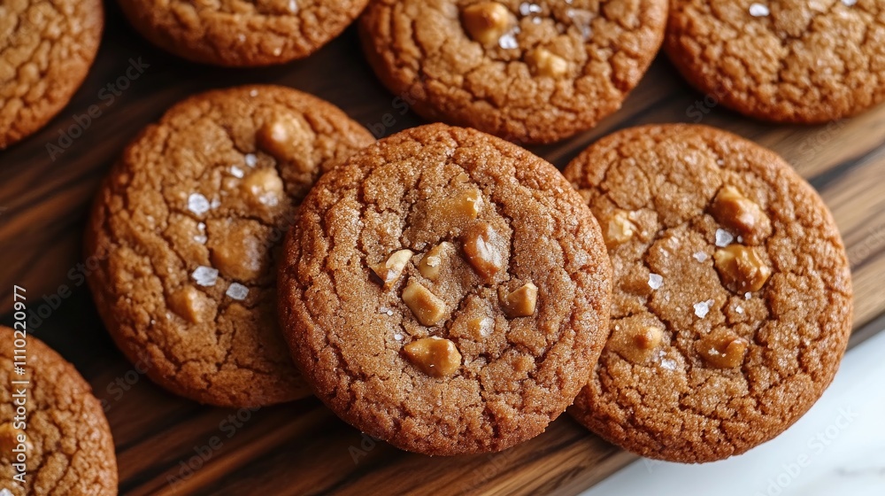 Vegan peanut butter cookies artfully arranged on a wooden serving board with a white backdrop, featuring a golden-brown color and sprinkled with sea salt, food, dessert, vegan, treat. Vegan peanut butter cookies artfully arranged on a wooden serving board with a white backdrop, featuring a golden-brown color and sprinkled with sea salt, food, dessert, vegan, treat.