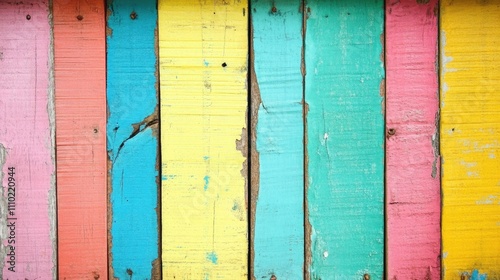 Colorful vintage wood texture with weathered planks in shades of blue, pink, yellow, and green, showcasing rustic charm and character, abstract, background, decorative. photo