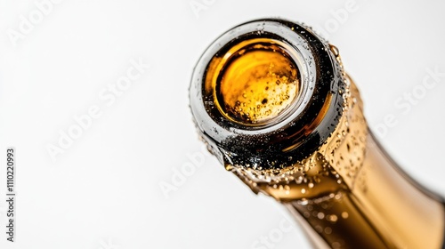 Close-up of a champagne bottle neck showing bubbles and condensation on a white background for celebrations and events. photo