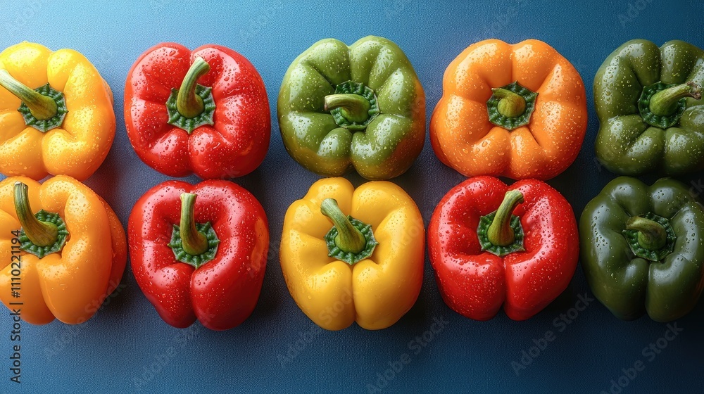 Colorful bell peppers in a row against a contrasting blue background, showcasing vibrant red, yellow, green, and orange hues with water droplets, fresh produce, healthy eating, food photography. Colorful bell peppers in a row against a contrasting blue background, showcasing vibrant red, yellow, green, and orange hues with water droplets, fresh produce, healthy eating, food photography.