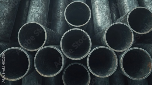 Industrial steel pipes arranged in a stacked formation showcasing their cylindrical shapes and textured surfaces for background use.