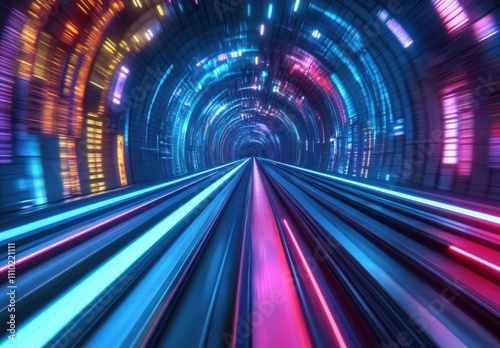 Futuristic Abstract Background with Colorful Neon Lights in a Dynamic Tunnel Creating a Sense of Speed and Movement for Technology and Sci-Fi Concepts